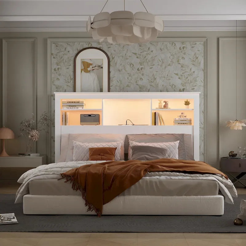 65Tête de lit Queen Size avec bibliothèque Timechee, étagère réglable et lumière RVB