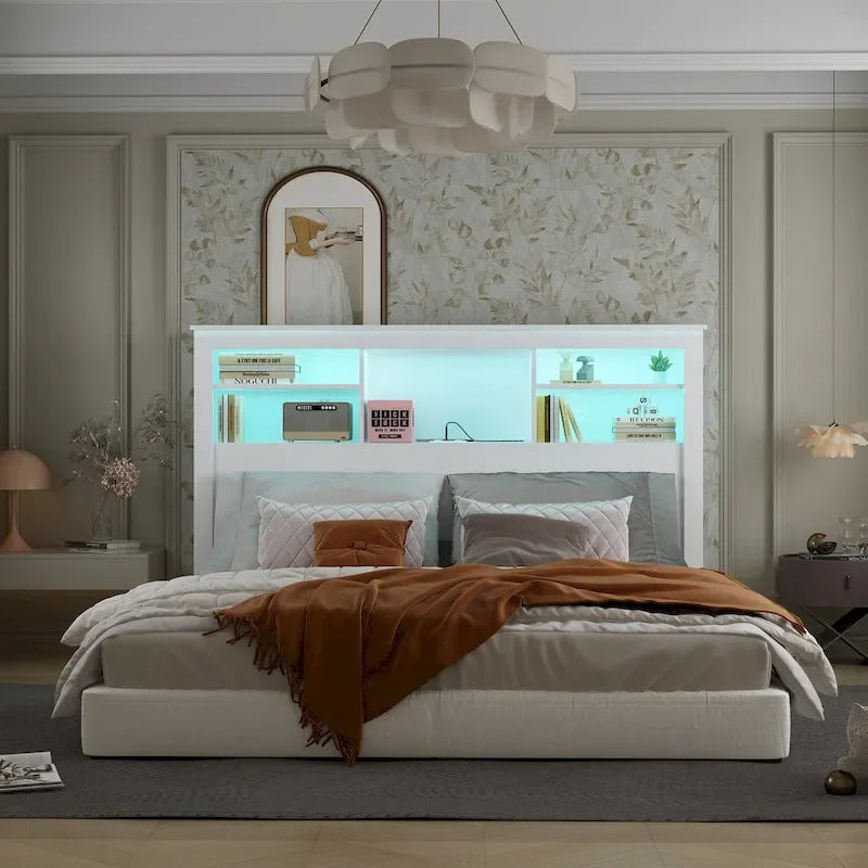 65Tête de lit Queen Size avec bibliothèque Timechee, étagère réglable et lumière RVB