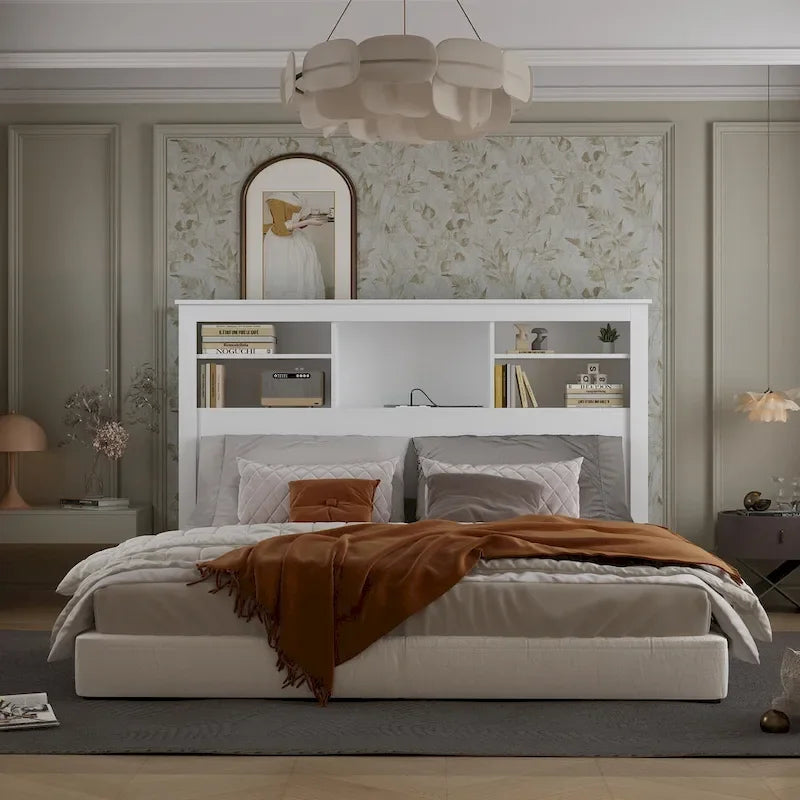 65Tête de lit Queen Size avec bibliothèque Timechee, étagère réglable et lumière RVB