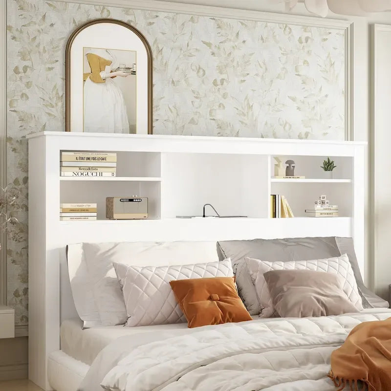 65Tête de lit Queen Size avec bibliothèque Timechee, étagère réglable et lumière RVB