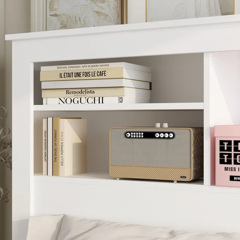 65Tête de lit Queen Size avec bibliothèque Timechee, étagère réglable et lumière RVB