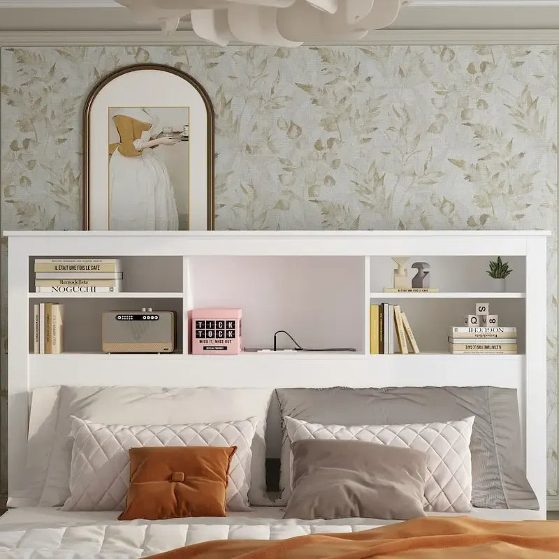 65Tête de lit Queen Size avec bibliothèque Timechee, étagère réglable et lumière RVB