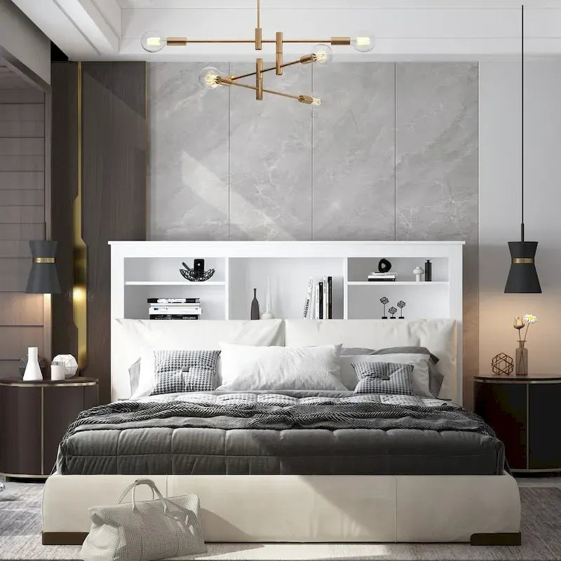 65Tête de lit Queen Size avec bibliothèque Timechee, étagère réglable et lumière RVB