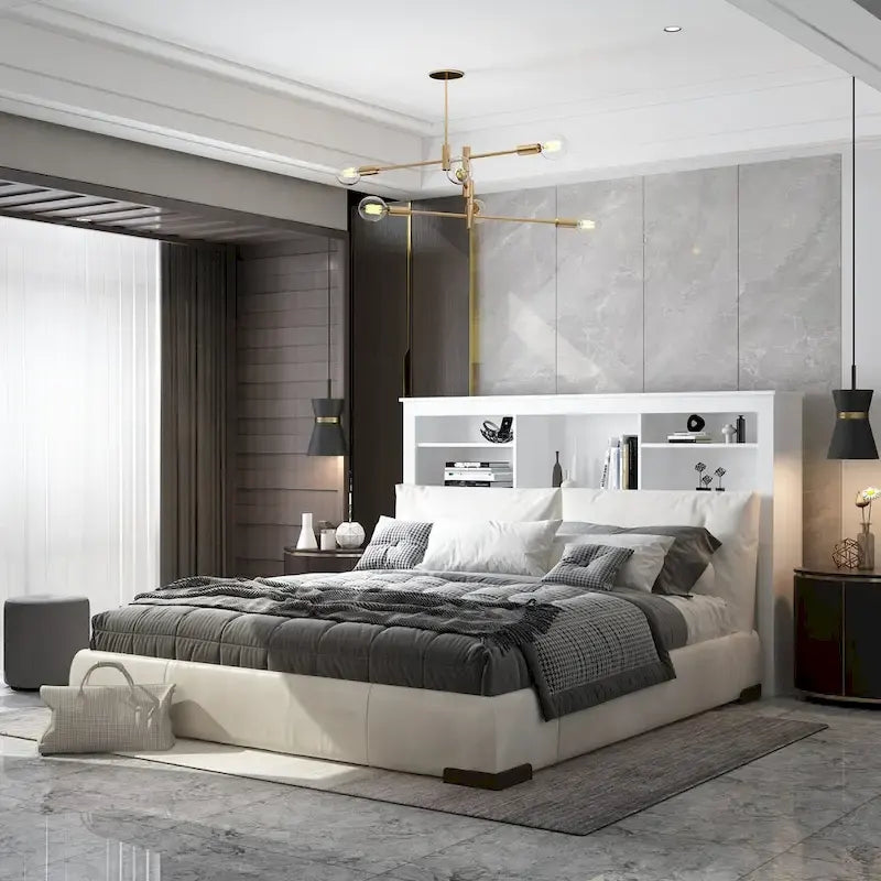 65Tête de lit Queen Size avec bibliothèque Timechee, étagère réglable et lumière RVB