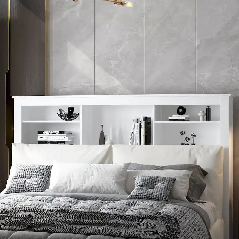 65Tête de lit Queen Size avec bibliothèque Timechee, étagère réglable et lumière RVB