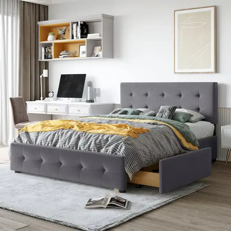 Lit plateforme Queen tapissé blanc / gris foncé / beige / gris clair avec tête de lit capitonnée et 4 tiroirs, Pour 2