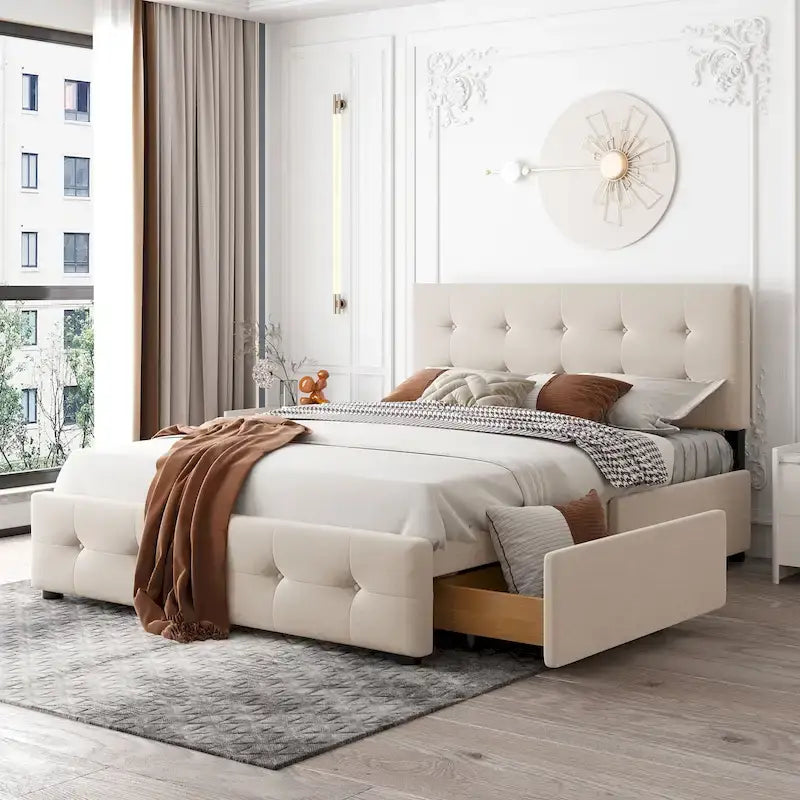 Lit plateforme Queen tapissé blanc / gris foncé / beige / gris clair avec tête de lit capitonnée et 4 tiroirs, Pour 2