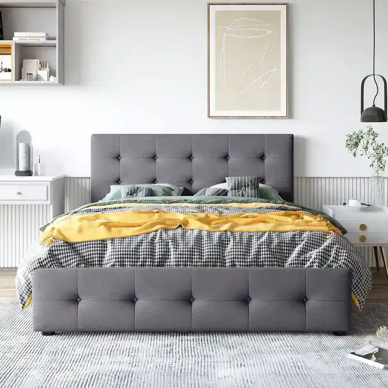 Lit plateforme Queen tapissé blanc / gris foncé / beige / gris clair avec tête de lit capitonnée et 4 tiroirs, Pour 2