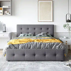 Lit plateforme Queen tapissé blanc / gris foncé / beige / gris clair avec tête de lit capitonnée et 4 tiroirs, Pour 2