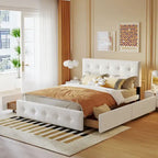 Lit plateforme Queen tapissé blanc / gris foncé / beige / gris clair avec tête de lit capitonnée et 4 tiroirs, Pour 2