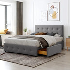 Lit plateforme Queen tapissé blanc / gris foncé / beige / gris clair avec tête de lit capitonnée et 4 tiroirs, Pour 2