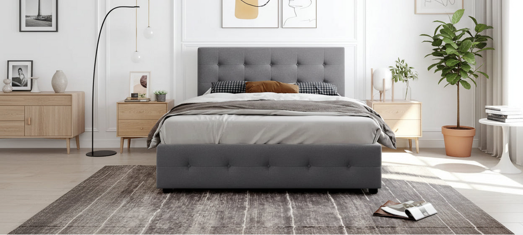 Lit plateforme Queen tapissé blanc / gris foncé / beige / gris clair avec tête de lit capitonnée et 4 tiroirs, Pour 2