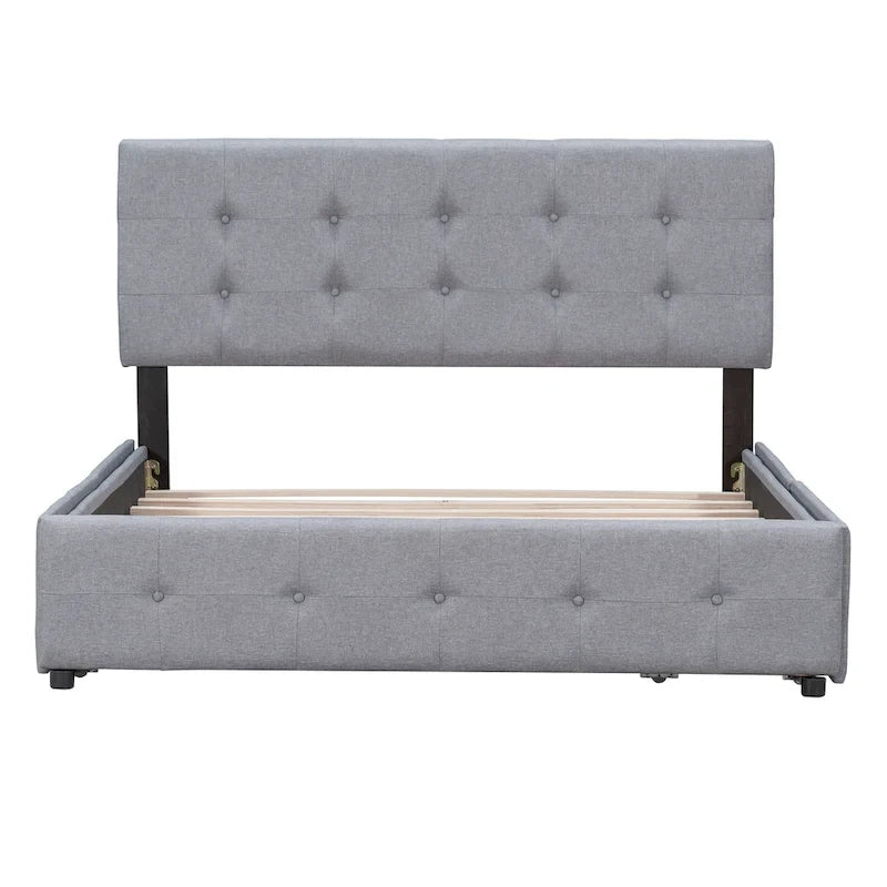 Lit plateforme Queen tapissé blanc / gris foncé / beige / gris clair avec tête de lit capitonnée et 4 tiroirs, Pour 2