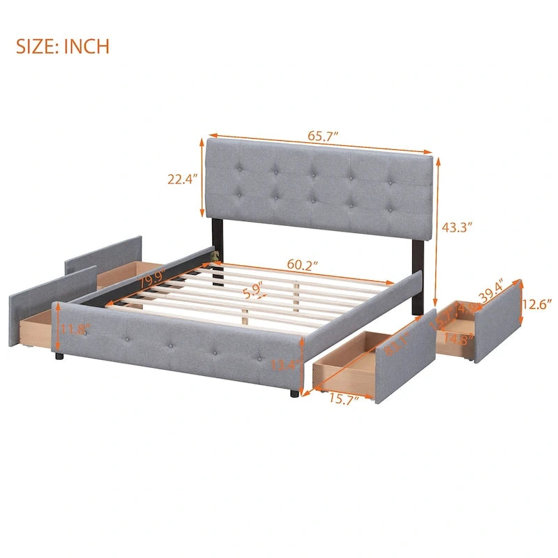 Lit plateforme Queen tapissé blanc / gris foncé / beige / gris clair avec tête de lit capitonnée et 4 tiroirs, Pour 2