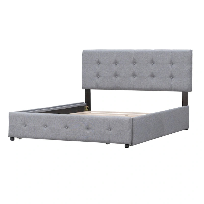 Lit plateforme Queen tapissé blanc / gris foncé / beige / gris clair avec tête de lit capitonnée et 4 tiroirs, Pour 2