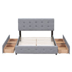 Lit plateforme Queen tapissé blanc / gris foncé / beige / gris clair avec tête de lit capitonnée et 4 tiroirs, Pour 2