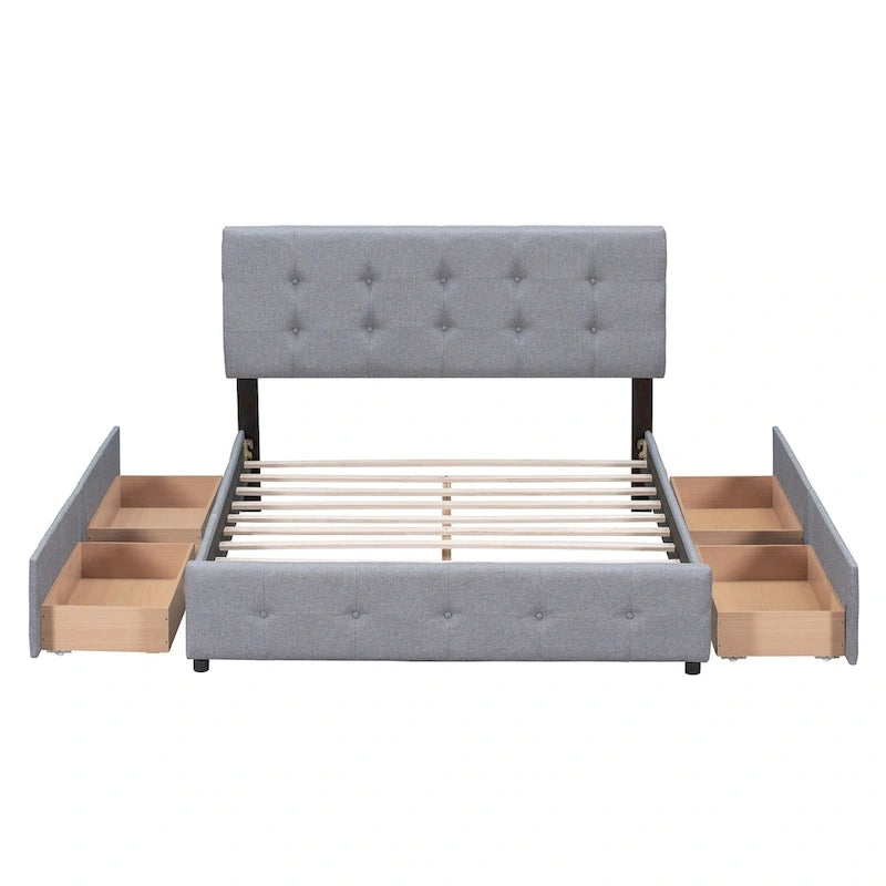 Lit plateforme Queen tapissé blanc / gris foncé / beige / gris clair avec tête de lit capitonnée et 4 tiroirs, Pour 2