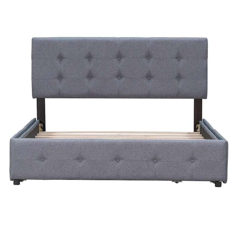 Lit plateforme Queen tapissé blanc / gris foncé / beige / gris clair avec tête de lit capitonnée et 4 tiroirs, Pour 2