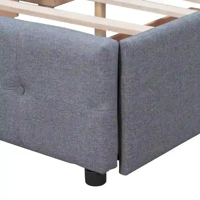 Lit plateforme Queen tapissé blanc / gris foncé / beige / gris clair avec tête de lit capitonnée et 4 tiroirs, Pour 2