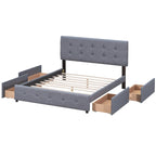 Lit plateforme Queen tapissé blanc / gris foncé / beige / gris clair avec tête de lit capitonnée et 4 tiroirs, Pour 2