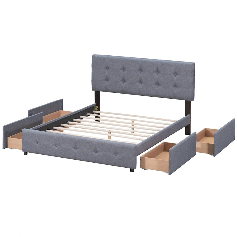 Lit plateforme Queen tapissé blanc / gris foncé / beige / gris clair avec tête de lit capitonnée et 4 tiroirs, Pour 2