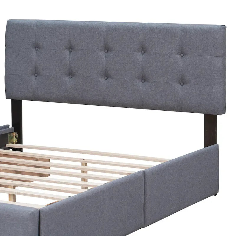 Lit plateforme Queen tapissé blanc / gris foncé / beige / gris clair avec tête de lit capitonnée et 4 tiroirs, Pour 2
