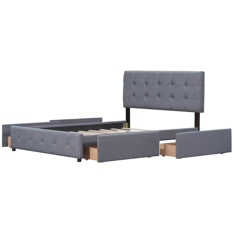 Lit plateforme Queen tapissé blanc / gris foncé / beige / gris clair avec tête de lit capitonnée et 4 tiroirs, Pour 2