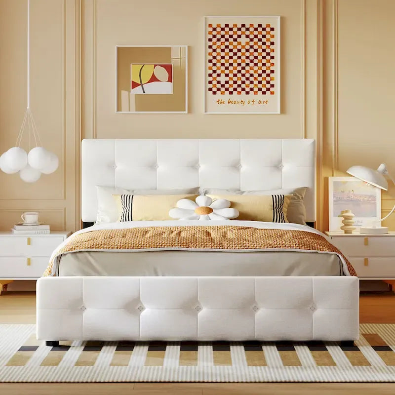 Lit plateforme Queen tapissé blanc / gris foncé / beige / gris clair avec tête de lit capitonnée et 4 tiroirs, Pour 2