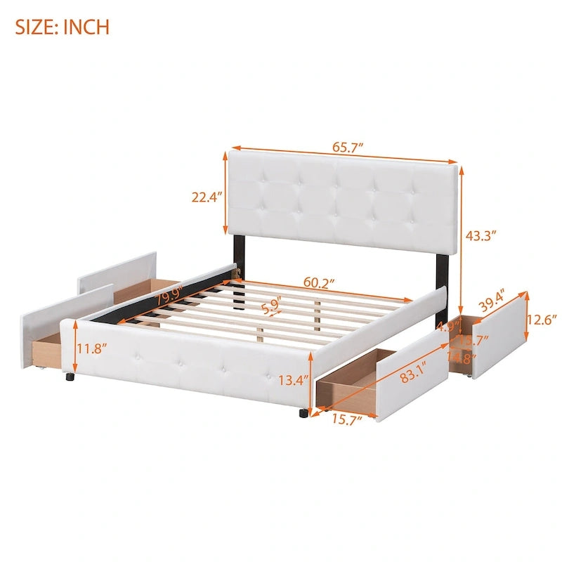 Lit plateforme Queen tapissé blanc / gris foncé / beige / gris clair avec tête de lit capitonnée et 4 tiroirs, Pour 2
