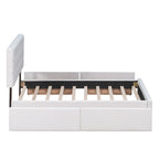 Lit plateforme Queen tapissé blanc / gris foncé / beige / gris clair avec tête de lit capitonnée et 4 tiroirs, Pour 2