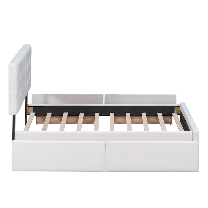 Lit plateforme Queen tapissé blanc / gris foncé / beige / gris clair avec tête de lit capitonnée et 4 tiroirs, Pour 2
