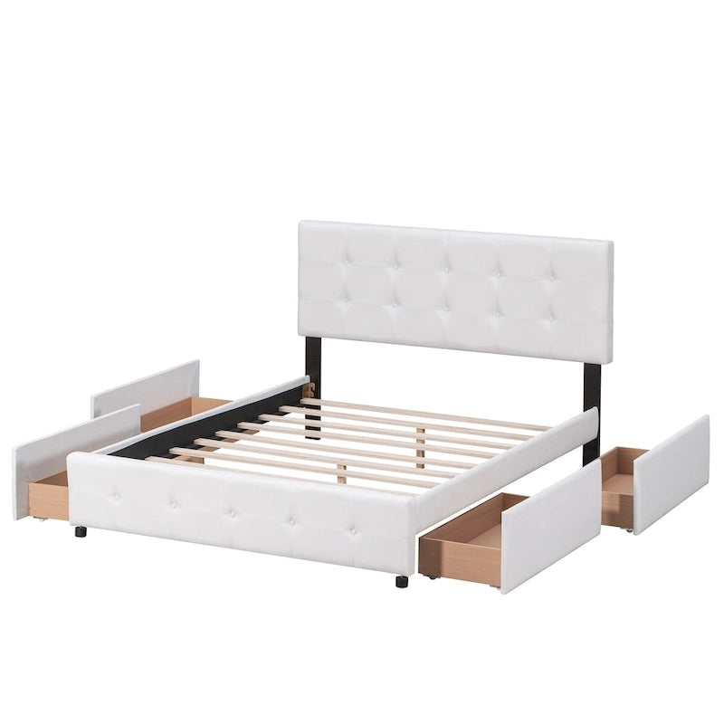Lit plateforme Queen tapissé blanc / gris foncé / beige / gris clair avec tête de lit capitonnée et 4 tiroirs, Pour 2