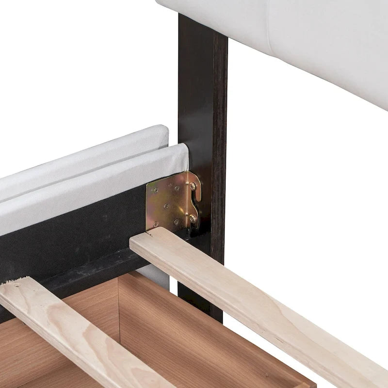 Lit plateforme Queen tapissé blanc / gris foncé / beige / gris clair avec tête de lit capitonnée et 4 tiroirs, Pour 2