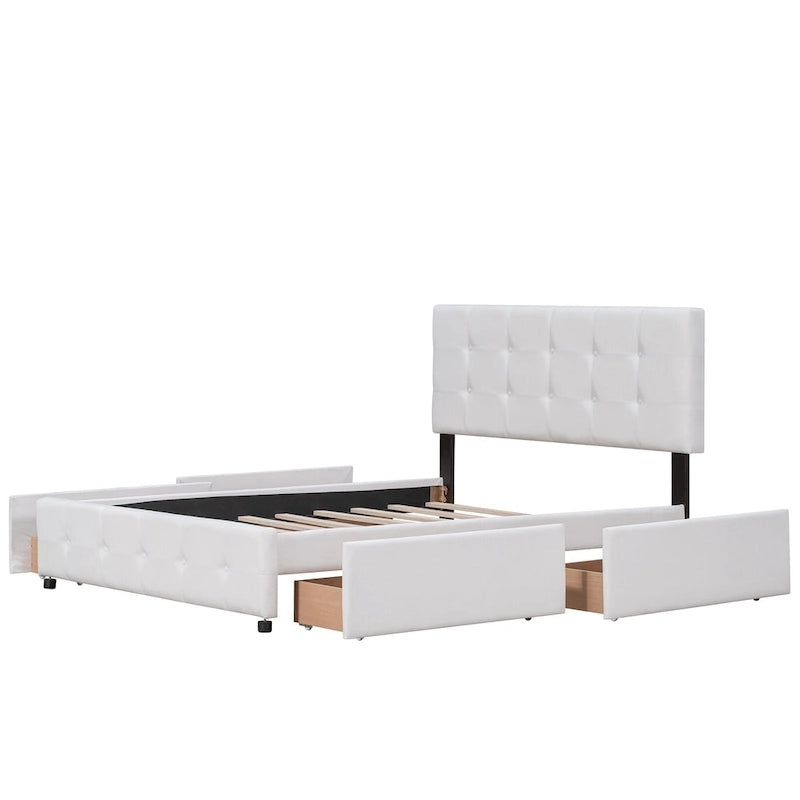 Lit plateforme Queen tapissé blanc / gris foncé / beige / gris clair avec tête de lit capitonnée et 4 tiroirs, Pour 2
