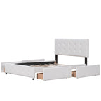Lit plateforme Queen tapissé blanc / gris foncé / beige / gris clair avec tête de lit capitonnée et 4 tiroirs, Pour 2