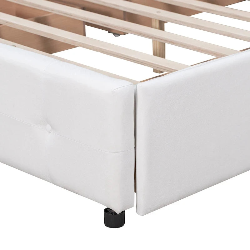 Lit plateforme Queen tapissé blanc / gris foncé / beige / gris clair avec tête de lit capitonnée et 4 tiroirs, Pour 2