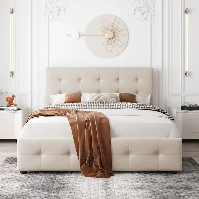 Lit plateforme Queen tapissé blanc / gris foncé / beige / gris clair avec tête de lit capitonnée et 4 tiroirs, Pour 2