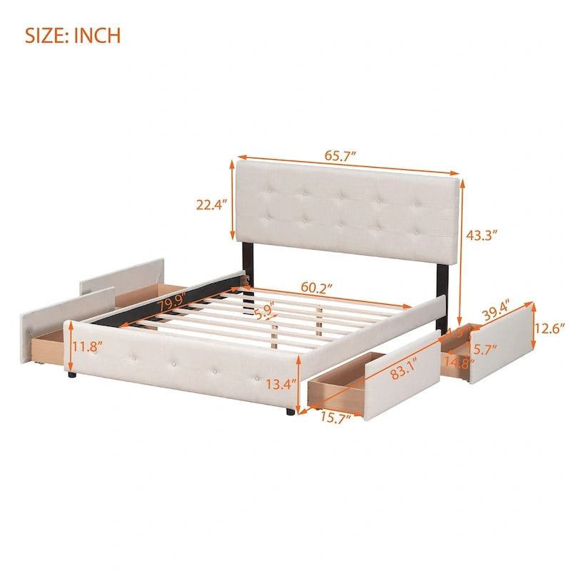 Lit plateforme Queen tapissé blanc / gris foncé / beige / gris clair avec tête de lit capitonnée et 4 tiroirs, Pour 2