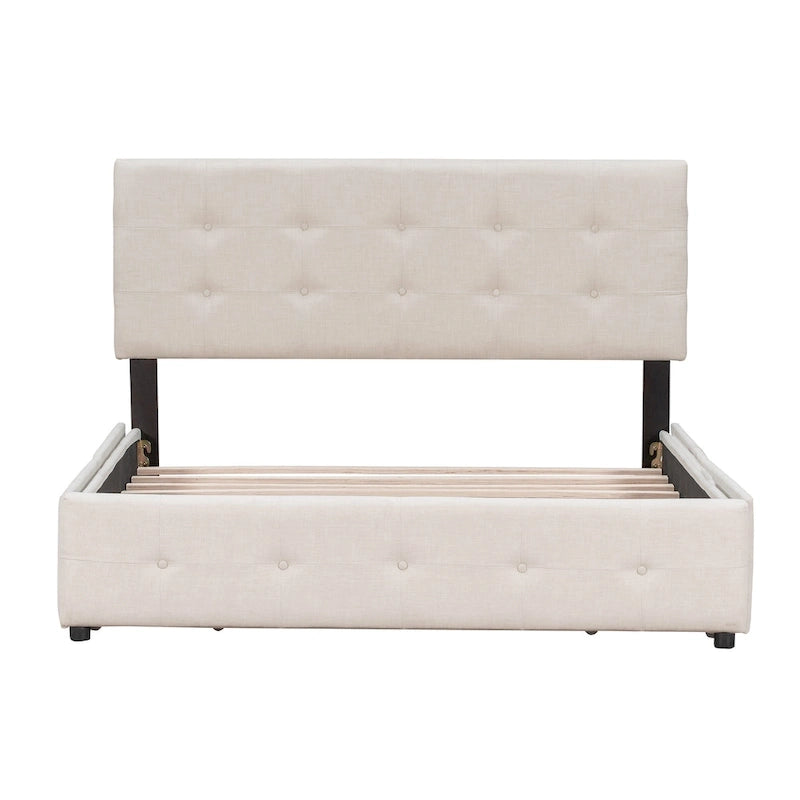 Lit plateforme Queen tapissé blanc / gris foncé / beige / gris clair avec tête de lit capitonnée et 4 tiroirs, Pour 2