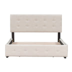 Lit plateforme Queen tapissé blanc / gris foncé / beige / gris clair avec tête de lit capitonnée et 4 tiroirs, Pour 2