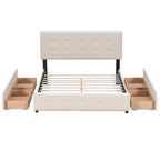 Lit plateforme Queen tapissé blanc / gris foncé / beige / gris clair avec tête de lit capitonnée et 4 tiroirs, Pour 2