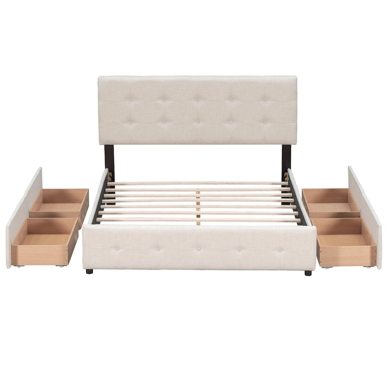 Lit plateforme Queen tapissé blanc / gris foncé / beige / gris clair avec tête de lit capitonnée et 4 tiroirs, Pour 2