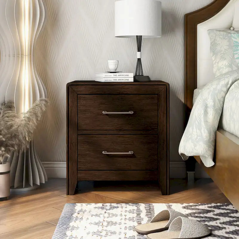 Table de chevet Bett Transitional en bois massif de noyer à 2 tiroirs par Furniture of America