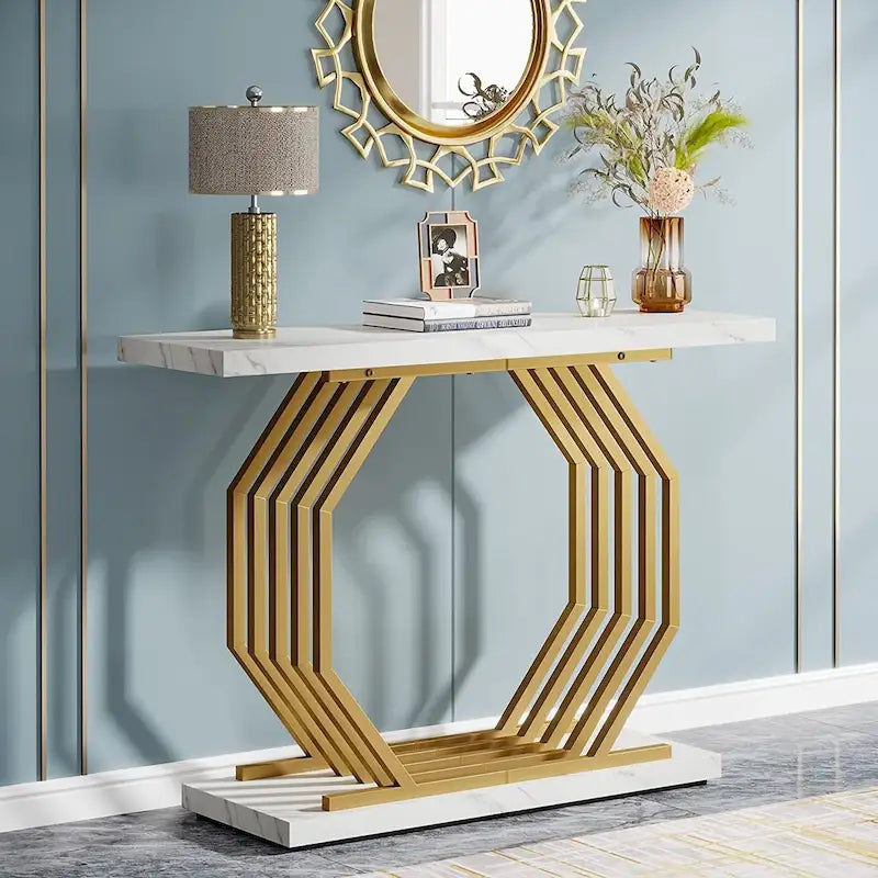 Console dorée, table d'entrée en faux marbre, table de canapé étroite avec base métallique géométrique, table d'appoint moderne de 101,6 cm