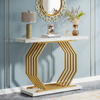 Console dorée, table d'entrée en faux marbre, table de canapé étroite avec base métallique géométrique, table d'appoint moderne de 101,6 cm