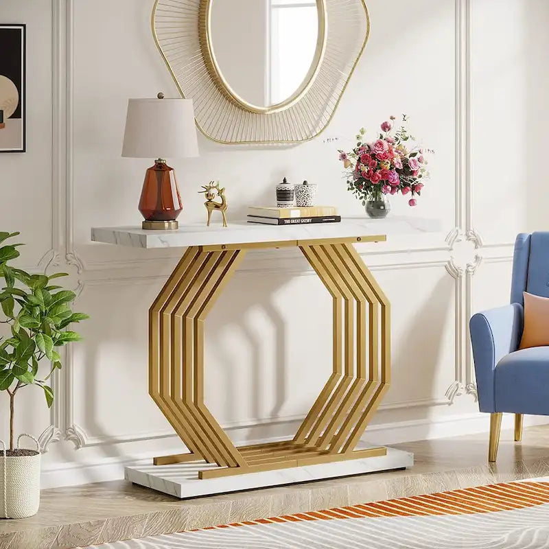 Console dorée, table d'entrée en faux marbre, table de canapé étroite avec base métallique géométrique, table d'appoint moderne de 101,6 cm