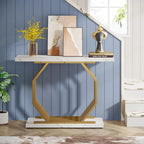 Console dorée, table d'entrée en faux marbre, table de canapé étroite avec base métallique géométrique, table d'appoint moderne de 101,6 cm