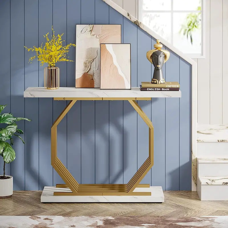 Console dorée, table d'entrée en faux marbre, table de canapé étroite avec base métallique géométrique, table d'appoint moderne de 101,6 cm