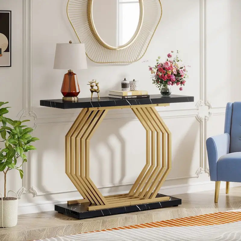 Console dorée, table d'entrée en faux marbre, table de canapé étroite avec base métallique géométrique, table d'appoint moderne de 101,6 cm
