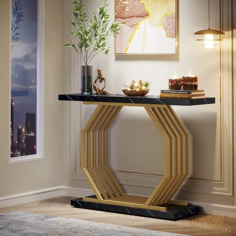 Console dorée, table d'entrée en faux marbre, table de canapé étroite avec base métallique géométrique, table d'appoint moderne de 101,6 cm